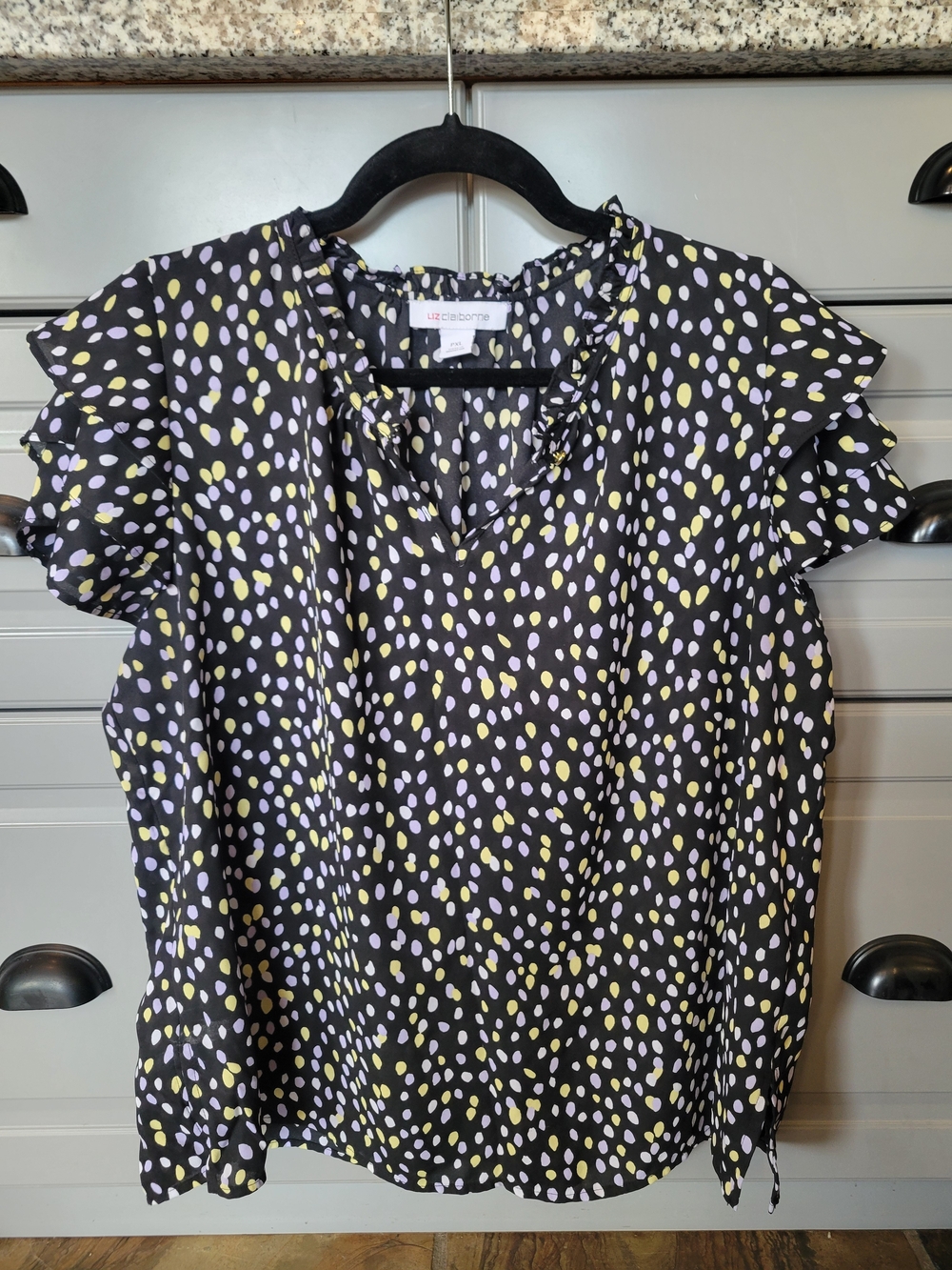 Liz Claiborne Navy Blouse with Yellow & Lilac Dot Print
